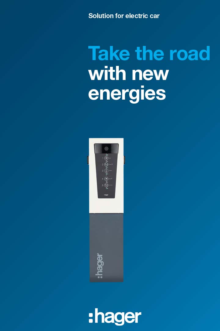 Hager electric car charging station on blue background with 'Solution for electric car - Take the road with new energies' slogan