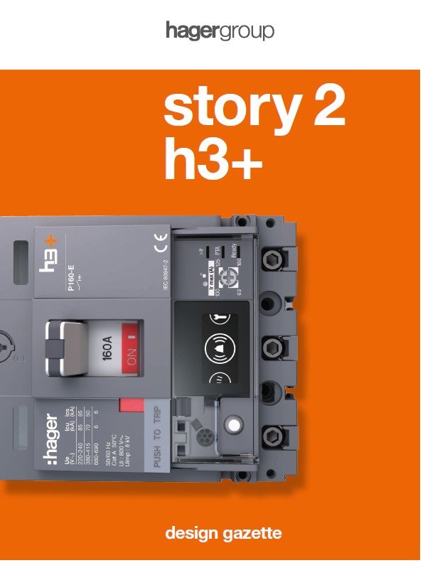 Hager Group promotional material featuring h3+ circuit breaker on an orange background