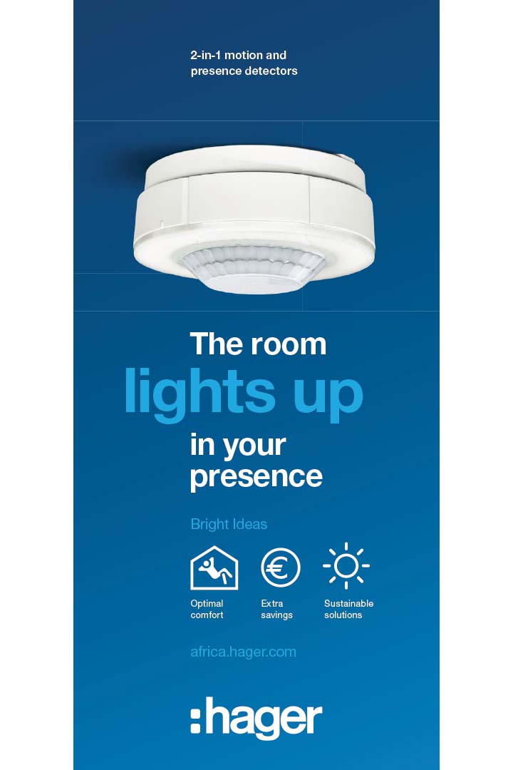 Hager 2-in-1 motion and presence detector mounted on ceiling with promotional message